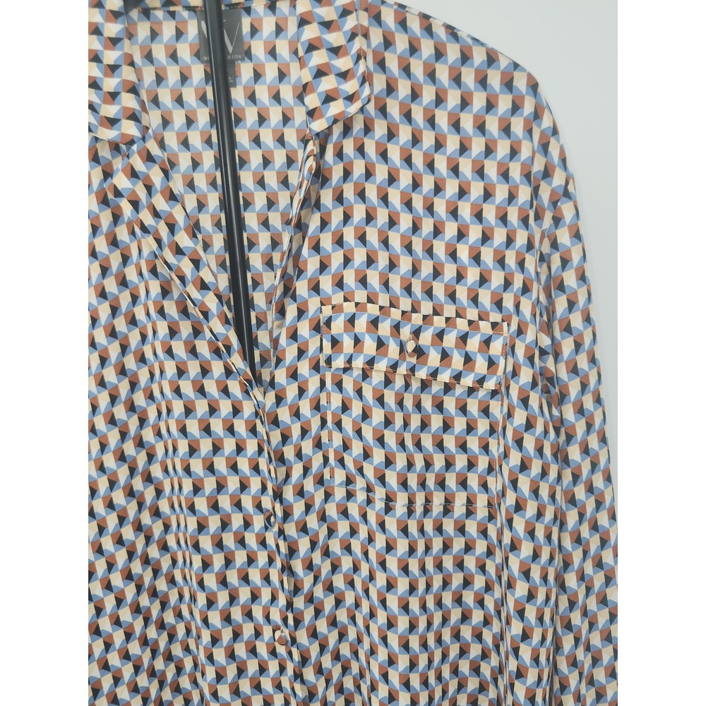 Worthington Womens XL Geometric Triangle Print Button Down Blouse Blue Tan Black - Picture 2 of 7